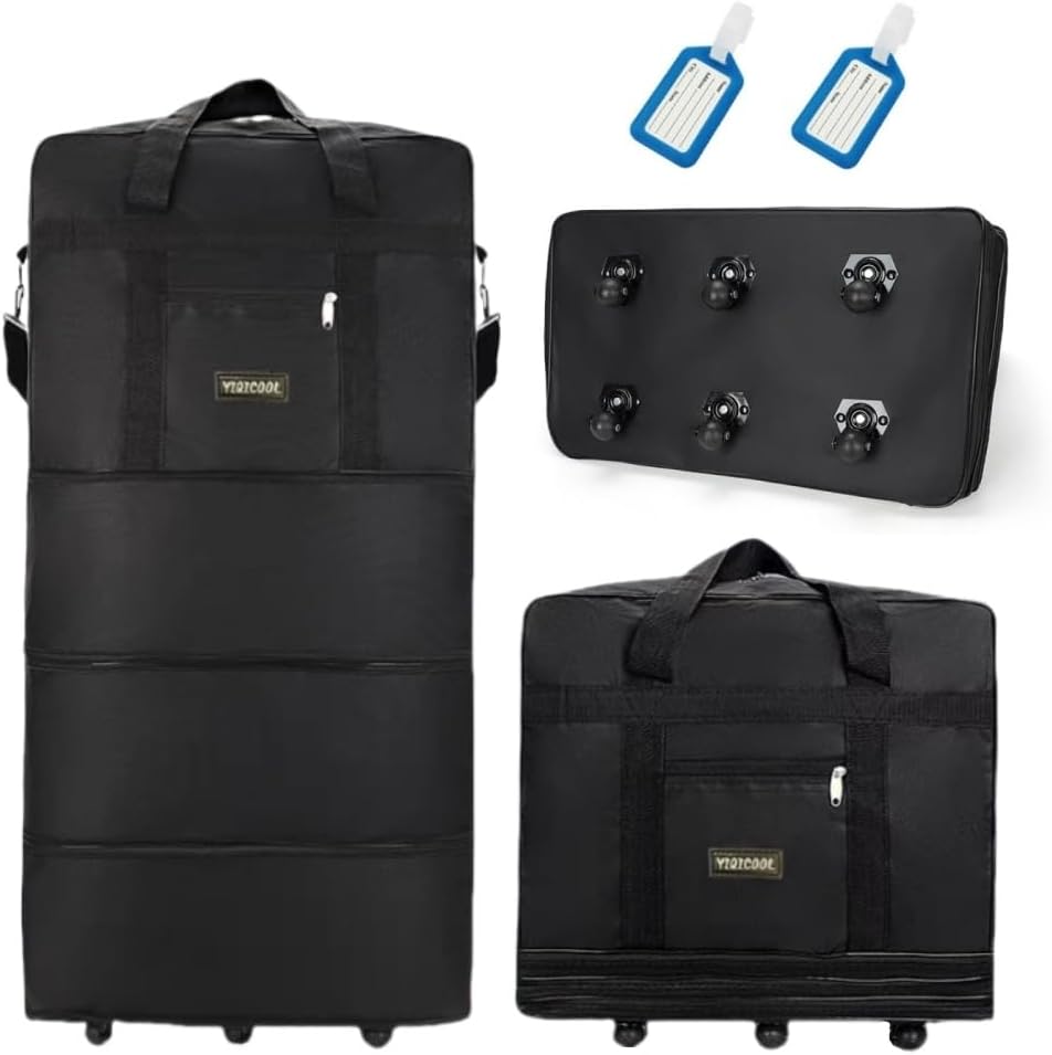 FENGSHENG-SHOP Expandable Extra Large Travel Oxford Duffel Bag with 6 Wheels, Black Waterproof Lightweight Traveling Foldable Suitcase, 90 * 50 * 30cm, Including 2 Boarding Pass