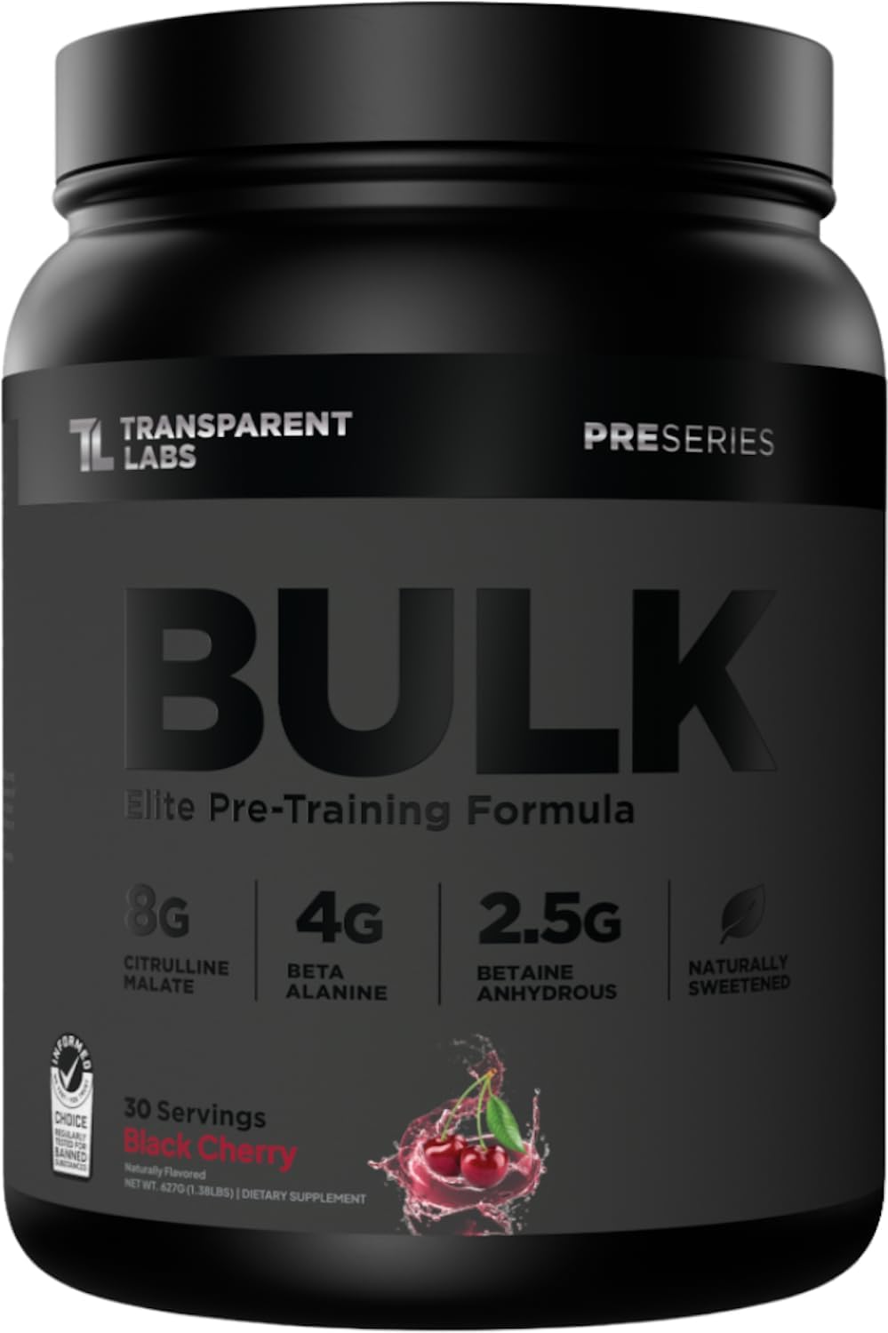 Transparent Labs Bulk Black Pre Workout - Clinically Dosed, Sugar Free Preworkout for Men and Women with Beta Alanine Powder, Citrulline Malate, & Caffeine - 30 Servings, Black Cherry