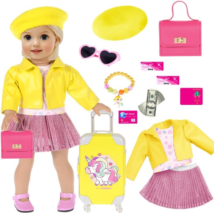 18 inch Doll Clothes and Doll Accessories Case Luggage Travel Play Set Include Yellow Jacket, Top, Skirt, Hat, Handbag, Glasses, Bracelet... (No Doll)