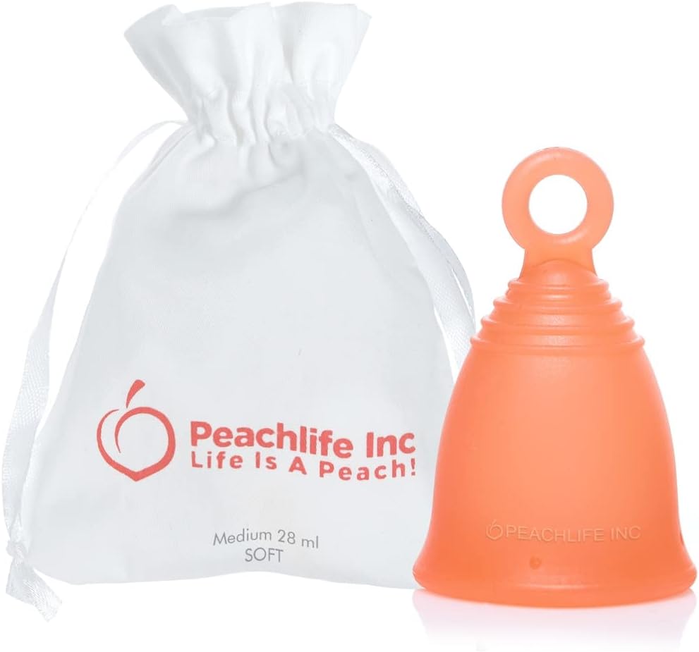 Silicone Ring Menstrual Cup with Loop Pull Stem for Easy Removal - Reusable 12 Hour Tampon Alternative - Medium Size, Soft Peachcup