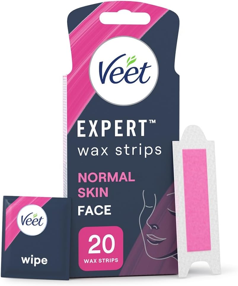 Veet Expert Cold Wax Strips for Face, Normal Skin, 20 Count with 4 Shea Butter Finish Wipes - Effective Hair Removal Solution
