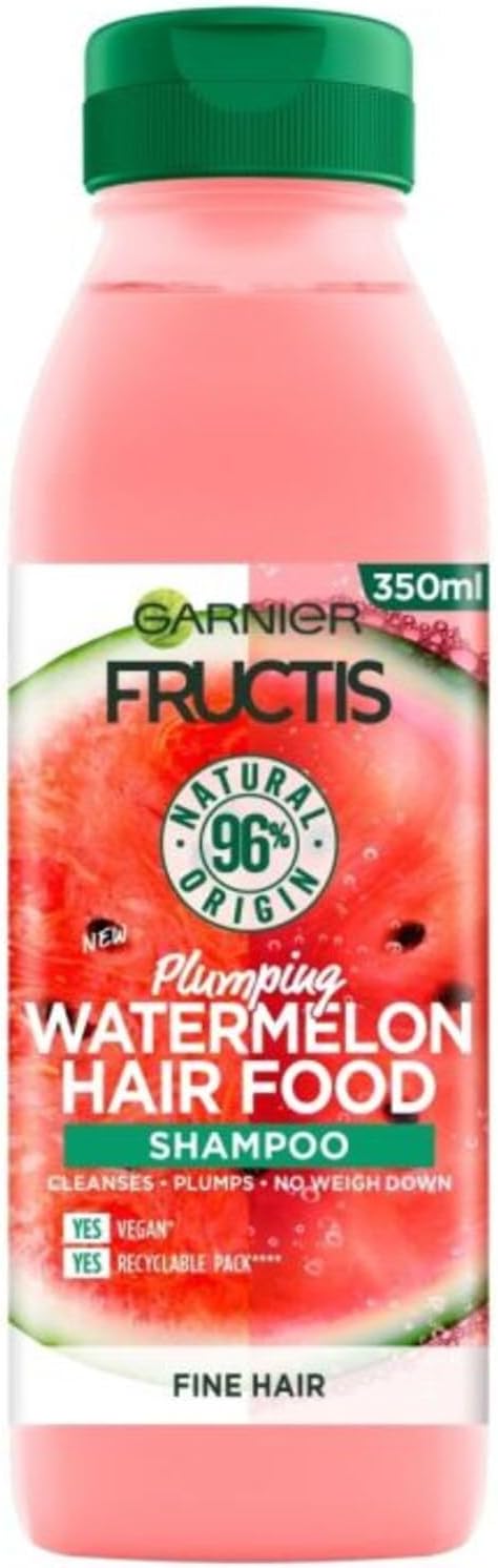 Garnier Fructis Watermelon Vegan Shampoo for Volume, Gently Detangles Fine Hair, Incomparable Shine, 96% Natural, No Silicone, 350 ml