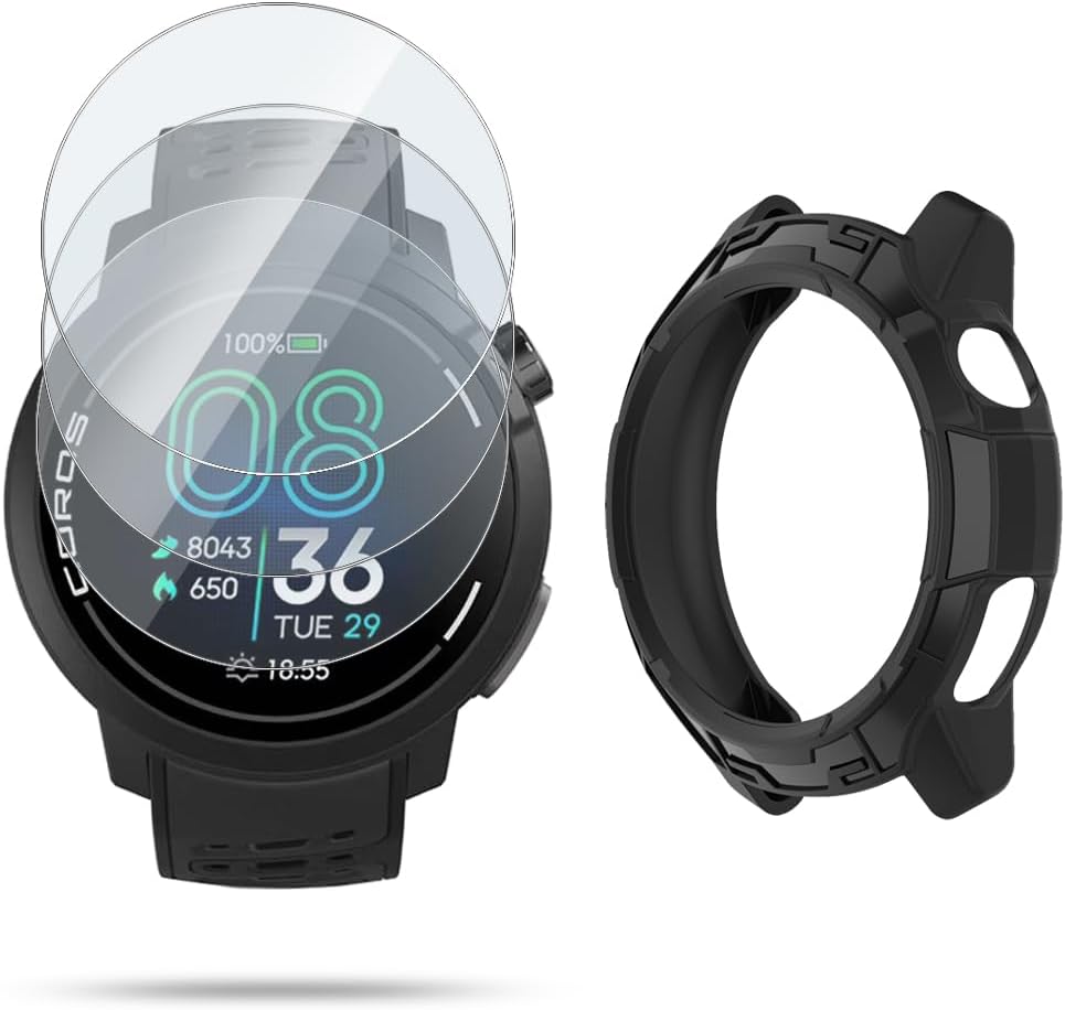 Watch Screen Protector Compatible for Coros Pace Pro, Tempered Glass Film Anti Scratch High Definition Full Coverage and Soft TPU Protective Case