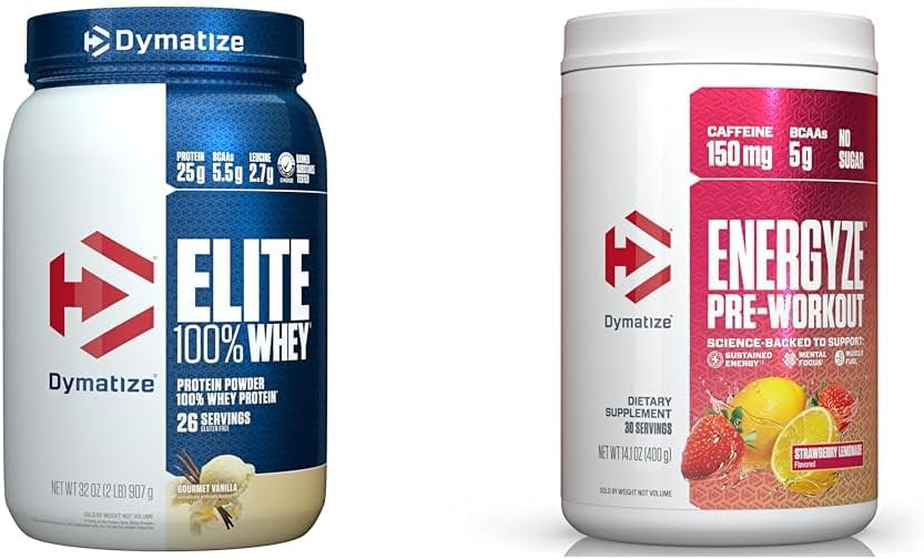 Dymatize Whey Protein and Pre Workout Combo, Elite 100% Whey Protein Powder Gourmet Vanilla 26 Serve, Energyze Pre Workout Powder for Men and Women Strawberry Lemonade Flavor 30 Servings