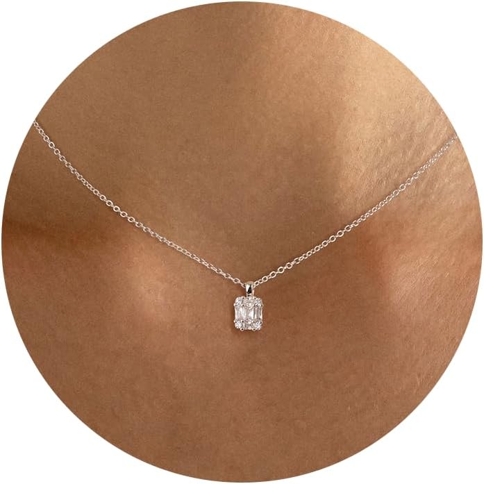 Tewiky Diamond Pendant Necklace for Women， Dainty Gold Layered Necklaces 14k Gold Plated Stacked Cuban Paperclip Chain Choker Necklaces Aesthetic Simple Gold Necklace Jewelry Gifts for Women