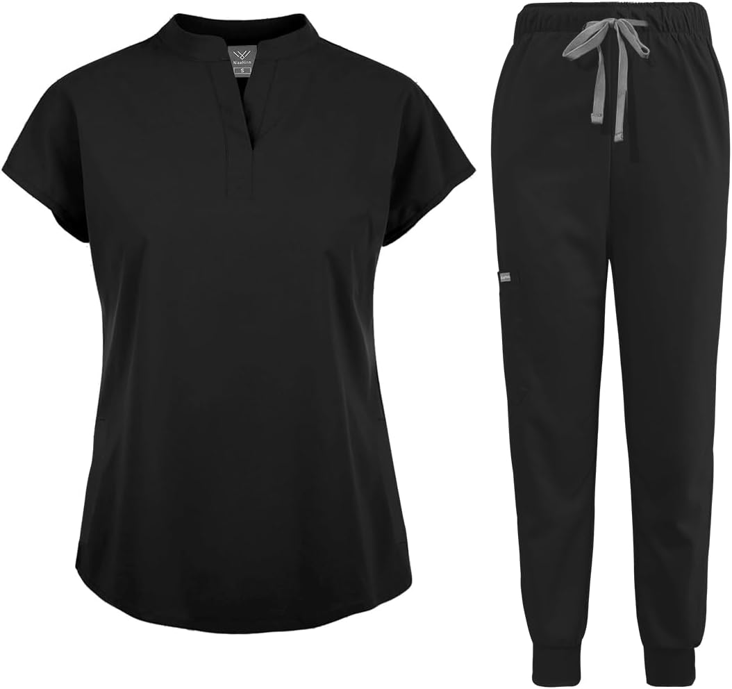 niaahinn Scrubs Set for Women Nurse Uniform Jogger Suit Stretch Top & Pants with Multi Pocket for Nurse Esthetician Workwear