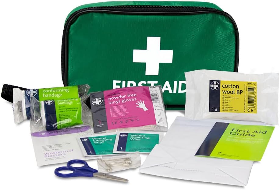 Reliance Medical - (REL416) Handy Travel First Aid Kit, Travel Pouch With, Bandages, Cotton Wool Balls, Gloves, Plasters, Safety Pins, Scissors, Slick Bag And Cleansing Wipes (Green)