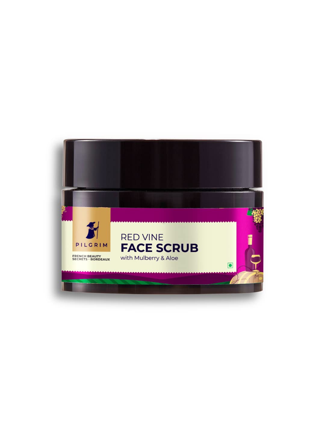 Pilgrim Red Vine Face Scrub | Exfoliates Dead Skin & Unclogs Pores | With Mulberry & Aloe for Glowing, Smooth Skin | Gently Removes Impurities | French Beauty Secrets | 1.76 Oz (50g)