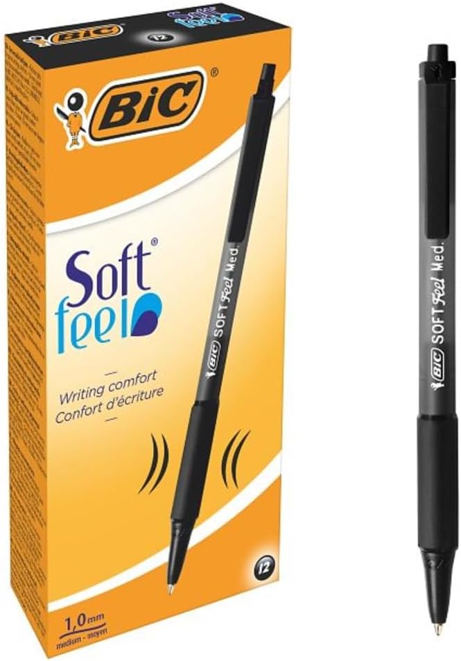 BIC Soft Feel Ballpoint Pens, Retractable Pens, Ideal for School and Office, Medium Point (1.0mm), Black, Pack of 12