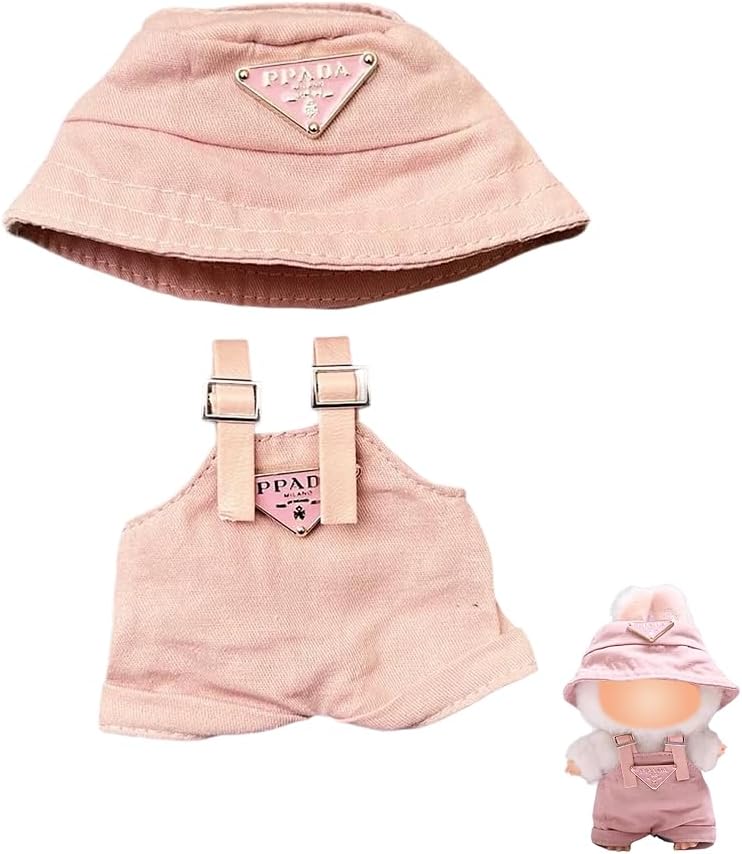 Mini outfit for Labubu, Handmade Crochet 2-Piece Set, Beautiful Clothes with Open Hat&Overalls for Labubu, Pink