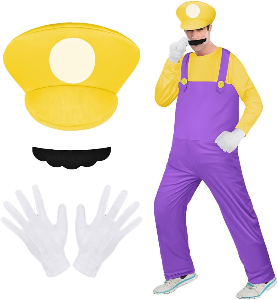 Aomig Mario Costumes, 4 Pack Mario Cosplay Costume Accessories Kits with Bodysuit, Luigi Hats Cap, Mustaches, White Gloves, Mario Luigi Bros Fancy Dress Outfit Costume for Women Men
