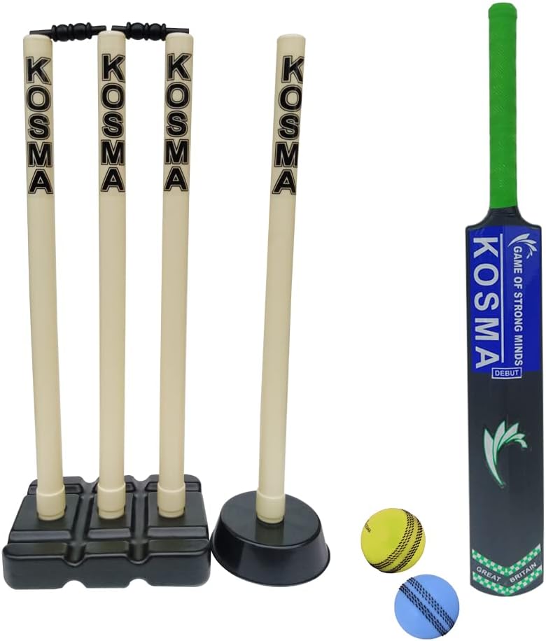 Kosma Junior Kwik Cricket Set | Crazy Cricket Set | 1 x Bat No.6| 2 x Balls | Wicket Stump set with Bails | Single Stump | Black & Ivory Color | Cricket Training Equipment