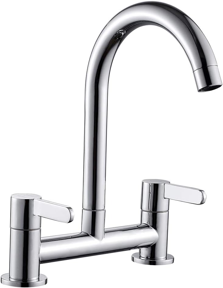 Kitchen Sink Mixer Taps Hot Cold Dual Lever Monobloc Chrome Swivel Spout 1/4 Turn Deck Mounted Kitchen Taps with UK Standard Fittings (Silver)