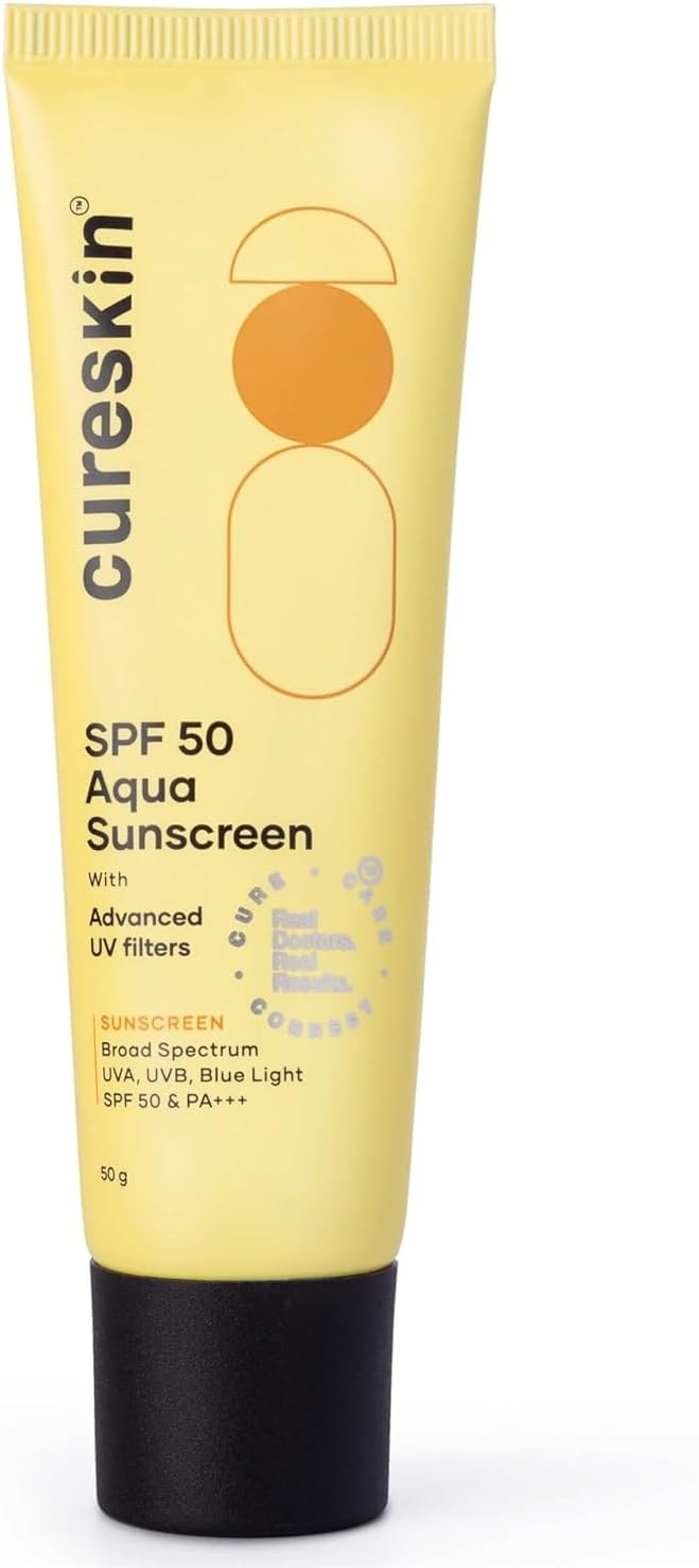 Cureskin SPF 50 Aqua Sunscreen with Advanced UV Filters | Broad Spectrum Sun, UVA, UVB, Blue Light Protection, SPF 50 & PA+++, 50 g (Pack of 1)