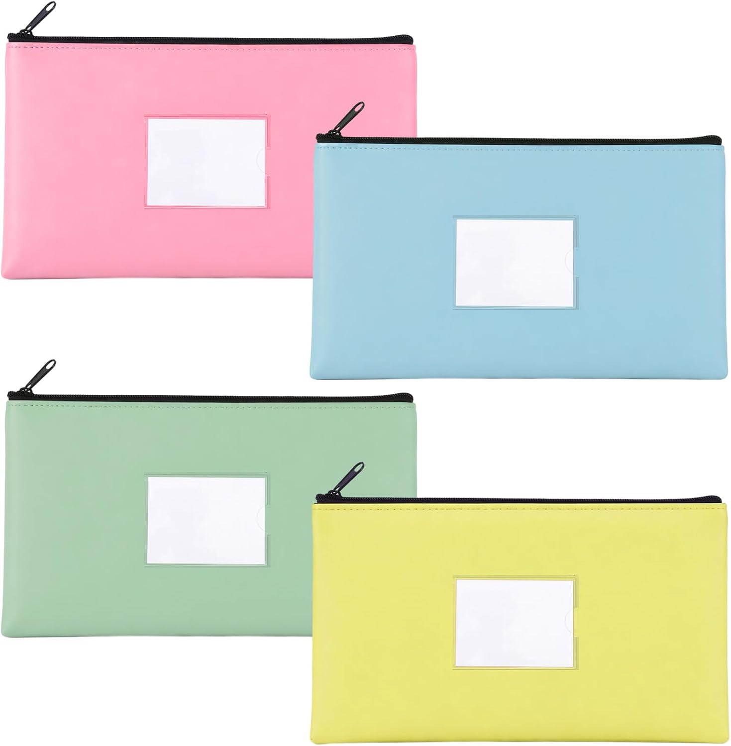 4-Pack Bank Deposit Money Bags with Zipper, PU Leather Cash Wallet Pouches with Label for Coins Bills Cosmetics School Gifts, 11 x 6 Inches Light Colors