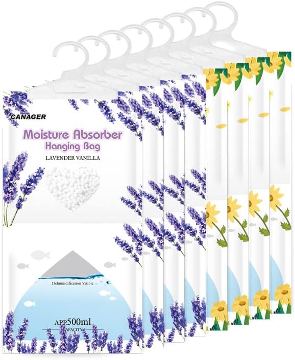 CANAGER Hanging Moisture Absorber, Fresh Scent and Lavender Vanilla Moistureproof Hanging Bag,Dehumidifier Bag (8 packs) Hanging Closet Dehumidifier Bags, Moisture Absorb 12.5 oz