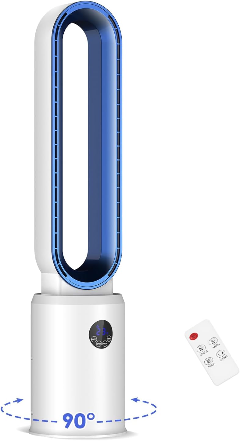 Bladeless Fan with Air Purifier, 38" Bladeless Tower Fan, Quiet Oscillating Cooler with Remote Control, 24 Speeds, LED Display, 90° Oscillation, 12H Timer, Cooling Fans for Office Bedroom