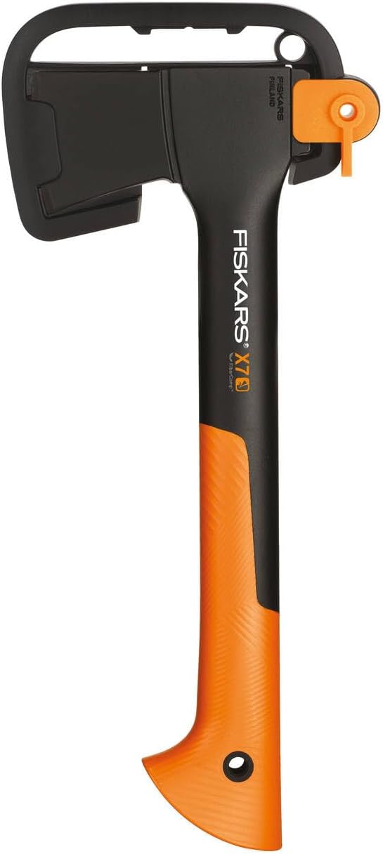 Fiskars Chopping Axe XS X7, Includes Storage and Carrying Case, Length: 35.5 cm, Non-Stick Coating, High Steel Blade/Fibreglass Handle, Black/Orange, 1015618