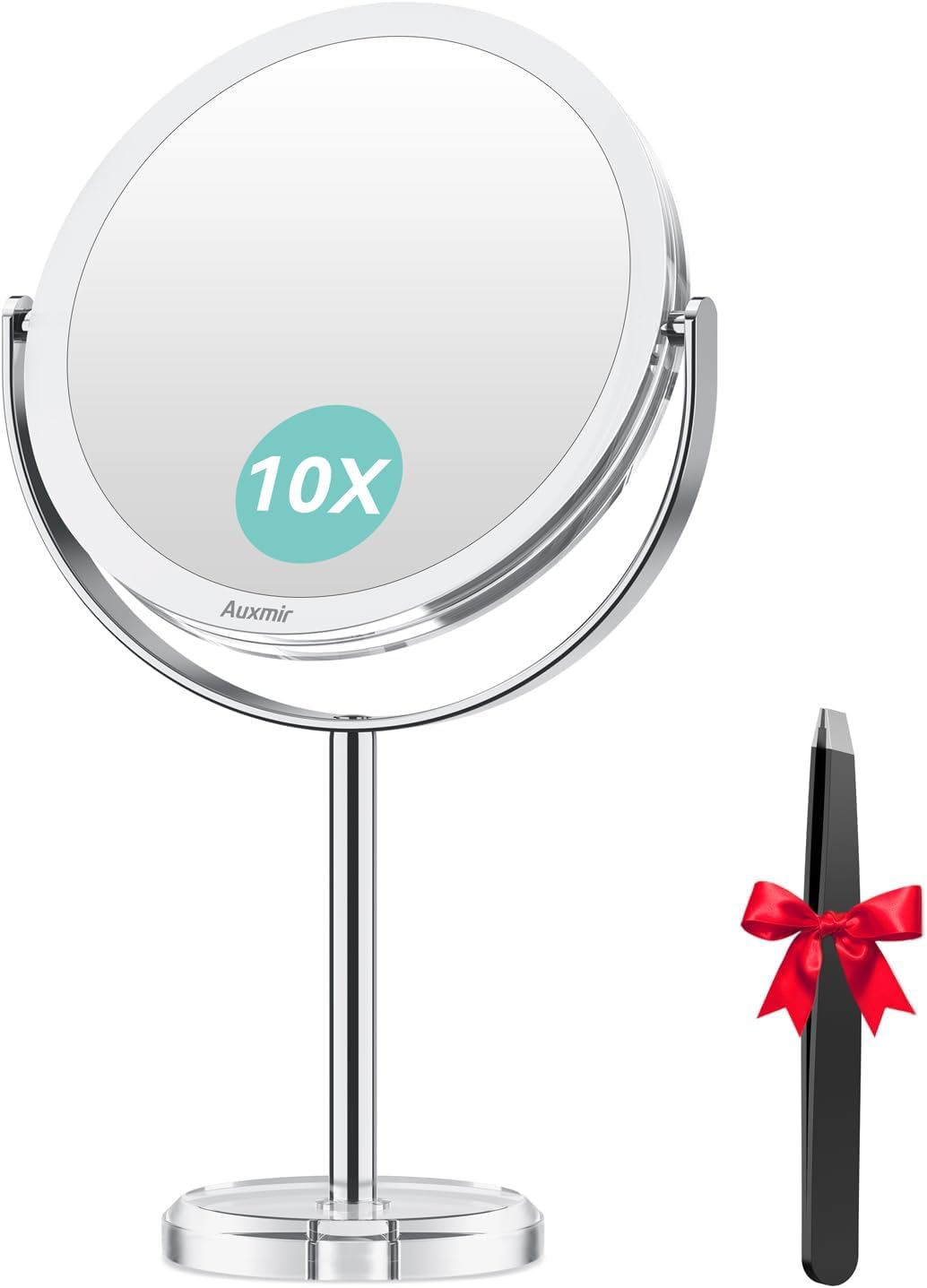 Auxmir 10X Magnifying Vanity Mirror with Tweezers, 6.8'' Double Sided 10X/1X Magnifying Makeup Mirror with Stand, 360° Rotation Bathroom Vanity Mirror for Shaving, Dressing Table, Desktop, Bedroom
