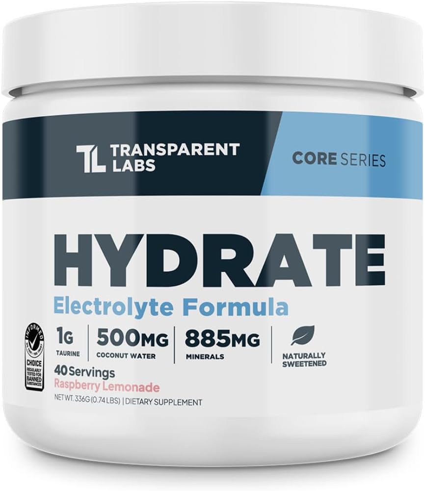 Transparent Labs Hydrate Sugar Free Electrolytes Powder - Hydration Powder Electrolytes with Coconut Water, Calcium, Taurine, & Potassium - 40 Servings, Raspberry Lemonade