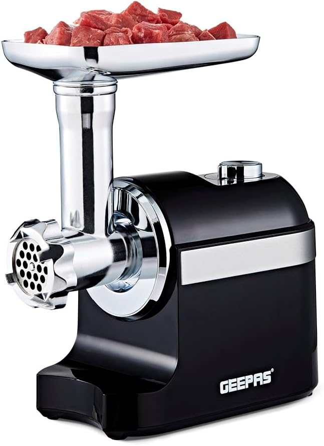 Geepas Electric Meat Grinder | Stainless Steel Meat Mincer & Sausage Stuffer, Food Grinding Mincing Machine with Kibbe | 3 Different Cutting Plates, Reverse Function, 1800W, Plastic Housing, Black