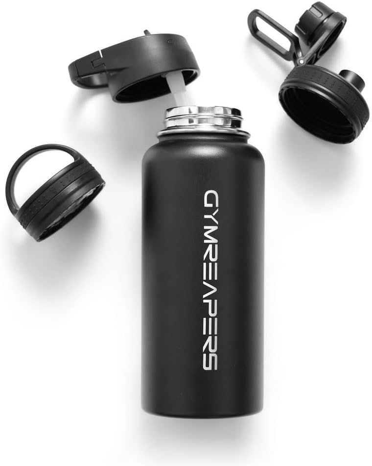 Gymreapers Insulated Water Bottle - Stainless Steel 32 Oz, 3 lids (Straw, Chug, Canteen), Double Walled Vacuum Insulation, Thermo Mug Cold Hot - Durable Powder Coated Finish (Black)