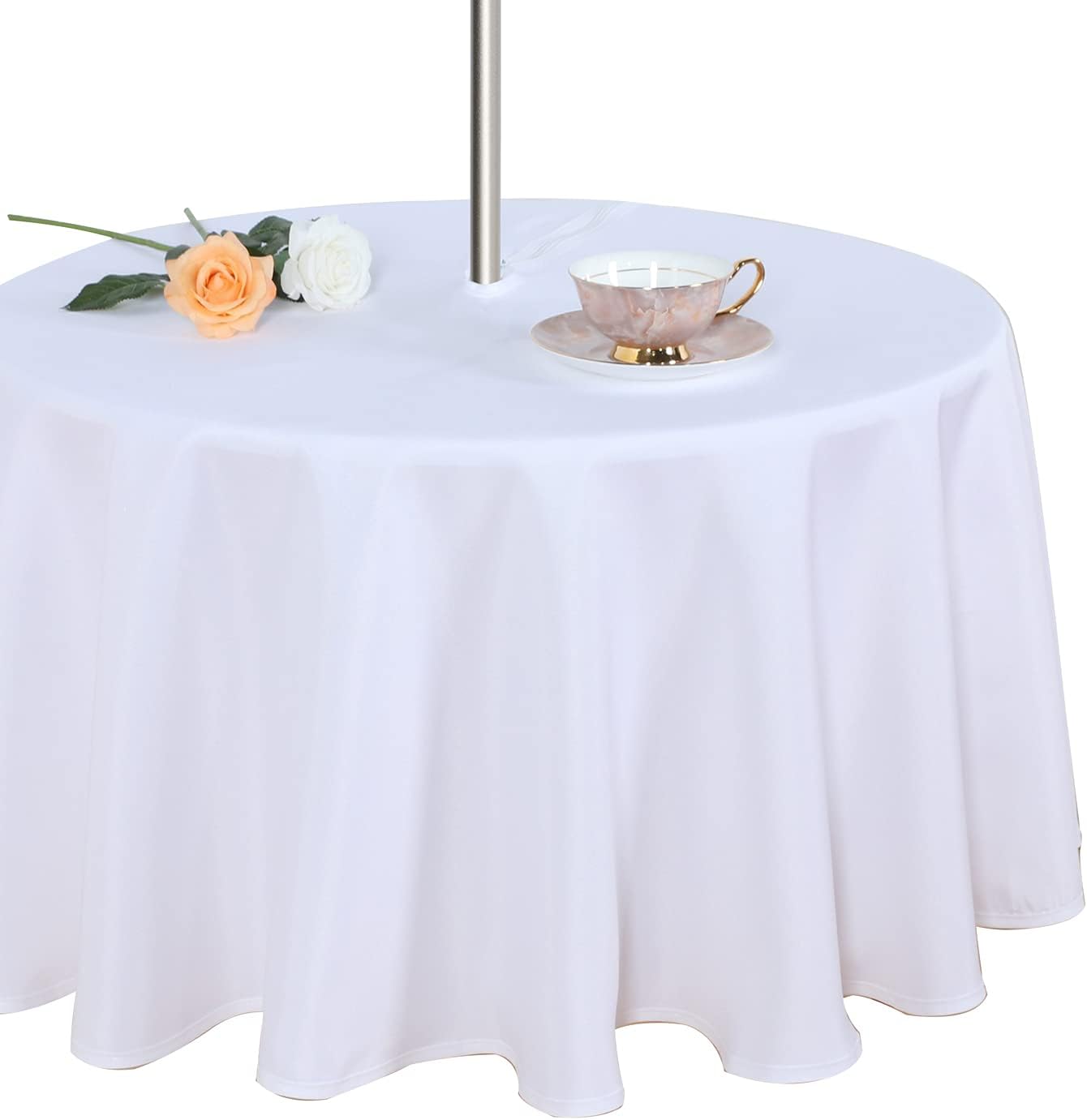 Fitable Table Cover Outdoor and Indoor Tablecloth - Washable Waterproof Wrinkle Free Table Cloth with Zipper and Umbrella Hole for Spring/Summer/Party/Picnic/BBQS/Patio White 60R