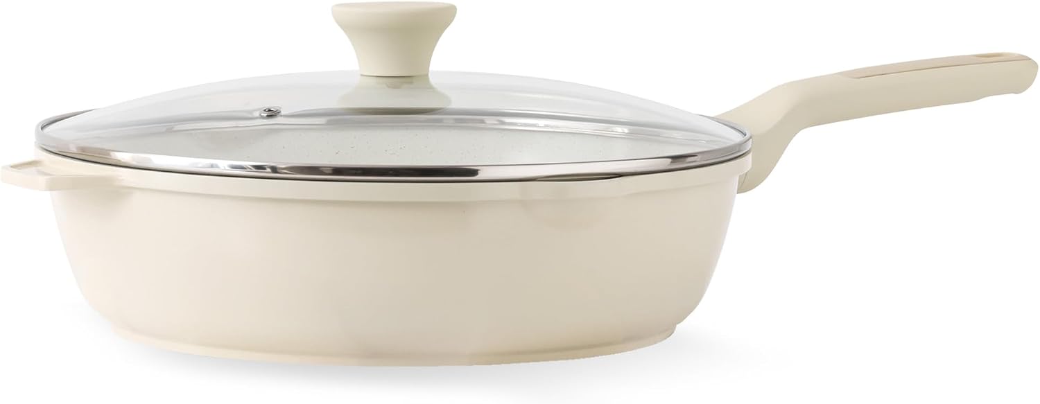 SENSARTE Nonstick Saute Pan with Lid 12-inch/5QT, Non Toxic Ceramic Deep Frying Pan, Dishwasher Safe Skillet with Stay-cool Handle, Healthy Cooking Pot, Induction Compatible, Cream White