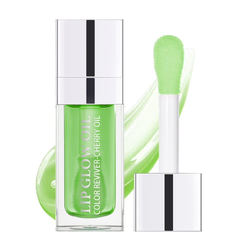 Sea-Maid Lip Oil, Hydrating Lip Gloss Tinted Lip Balm Transparent Lip Care, Big Brush Head Glitter Shine, Long Lasting Nourishing Non-sticky Fresh Texture, Green