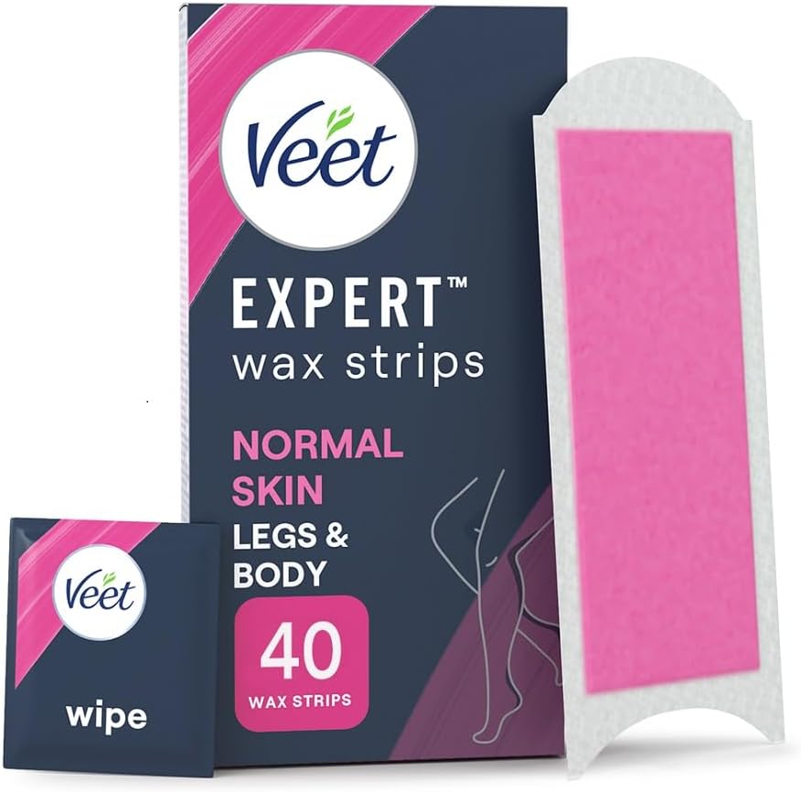 Veet Cold Wax Strips Normal Skin, 40 Count with 4 Finish Wipes, Leg Hair Removal, Shea Butter, Smooth Long-Lasting Results, Ideal Men, Easy Waxing Solution