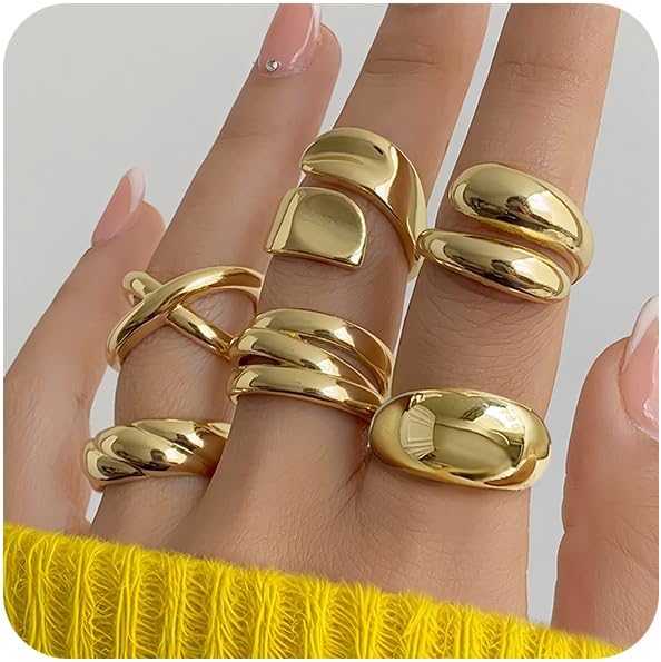 YEEZII Chunky Gold Rings for Women Non Tarnish, 18K Gold Plated Stackable Thumb Ring, Statement Women Rings Set