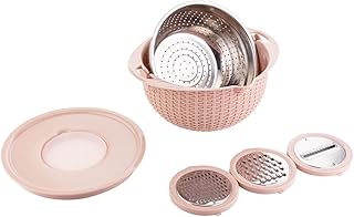 Pilipane Stainless Steel Colander with Plastic Mixing Bowl,Food Strainers with Grater Lid for Rice Vegetables Fruit,Pasta,Veggie Wash,Salad rotator for Kitchen,Apartment Essential(pink)