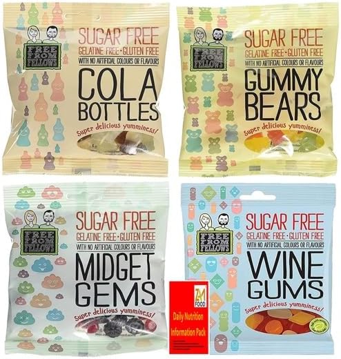 Sugar Free and Gluten Free Vegan Sweets! Free from Fellows 4 X 70g Cola Bottles, Gummy Bears, Wine Gums, and Midget Gems Value Pack Sugarless Yummy Delicious Gelatin Free Diabetic friendly (1 Bundle)