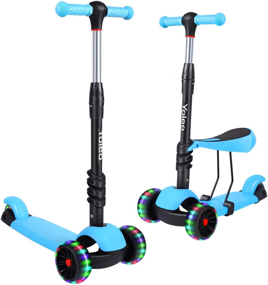 YOLEO Kids Three Wheel Kick Scooter with Removable Seat, LED Flashing Wheels, Height Adjustable, 3-in-1 Lightweight Children's Scooter Boys and Girls for Aged 2-8