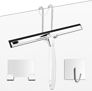 12” Shower Squeegee — Squeegee for Shower Glass Door，All-Purpose Shower Squeegee for Glass Doors, Bathroom, Window and Car Glass, Stainless Steel Squeegee for Shower Doors with Adhesive Hooks