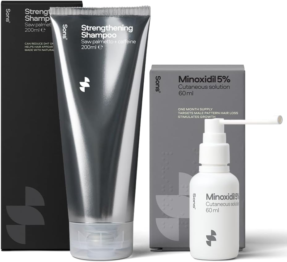 Sons Minoxidil 5% & Sons Hair Growth Shampoo. Hair Regrowth Treatment & DHT Blocker Head Wash With Caffeine and Hair Thickening, Anti-Dandruff Formula. 1 Month Supply. Made in Europe.