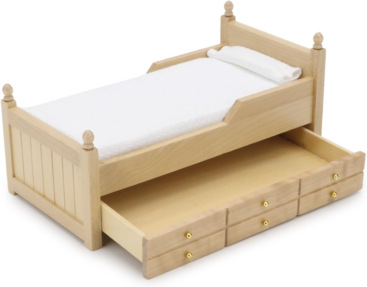Dollhouse Miniature Bed with Drawer 1:12 Wooden Furniture European Bedroom Bedding Furniture Accessories with Pillow & Mattresses Vintage Floral Fabric Mini House Decoration (Woody)