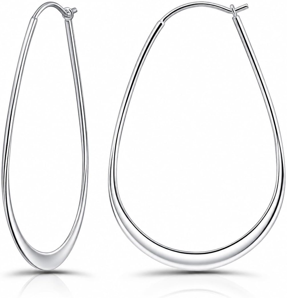 Hoops & Loops 925 Sterling Silver Large Oval Hoop Earrings for Women, 45mm (1.75 in) Flat Thin Teardrop Click-Top Hoops, Lightweight Hypoallergenic Statement Earrings,14K Yellow Gold, Rose Gold or Black Plated