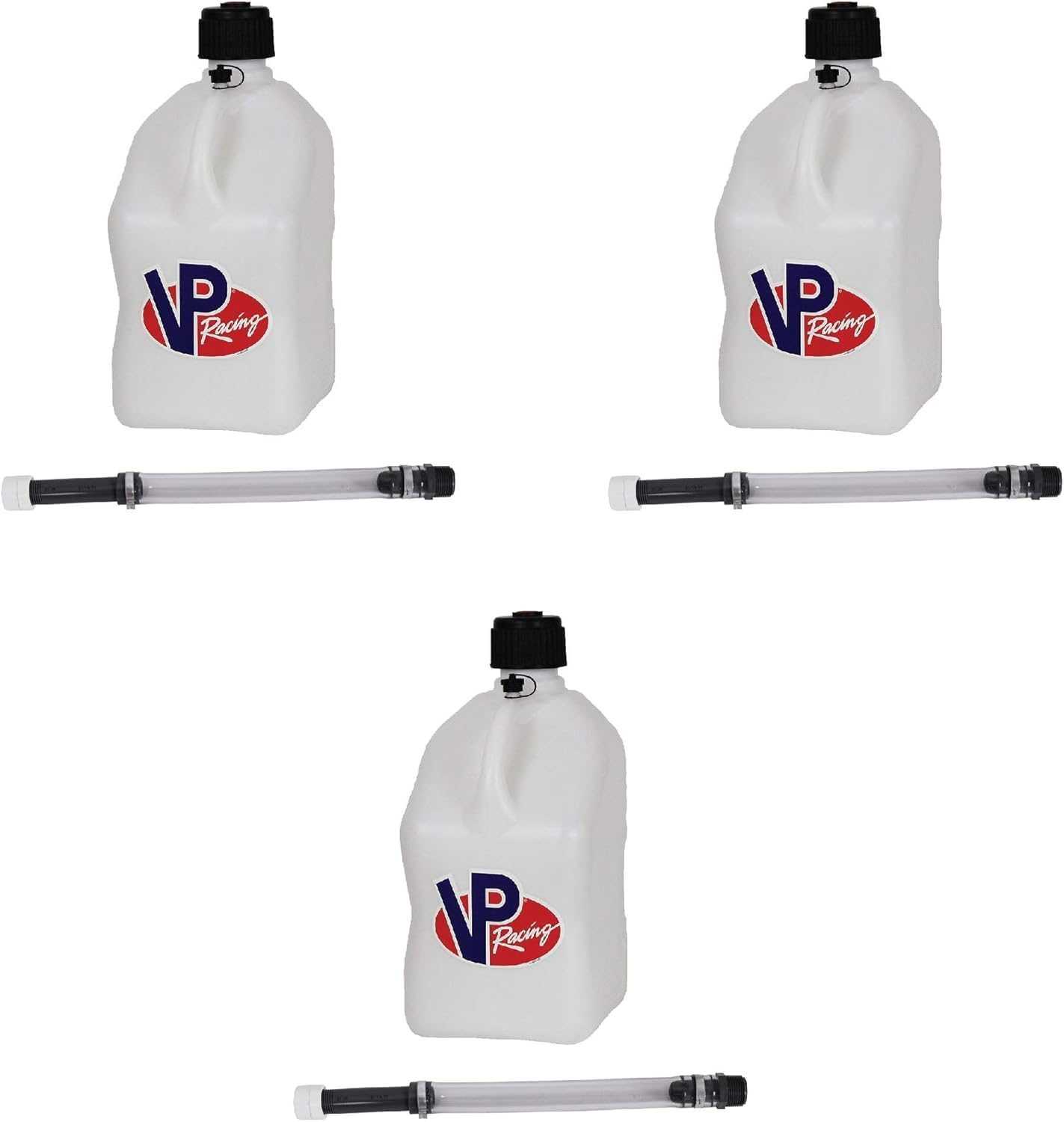 VP Racing 3522-CA, 5.5-Gallon Square Motorsport Jug White (3 Pack) w/ 14" Deluxe Hose (3 Pack) Close-Trimmed Cap and Neck for Tight Seal