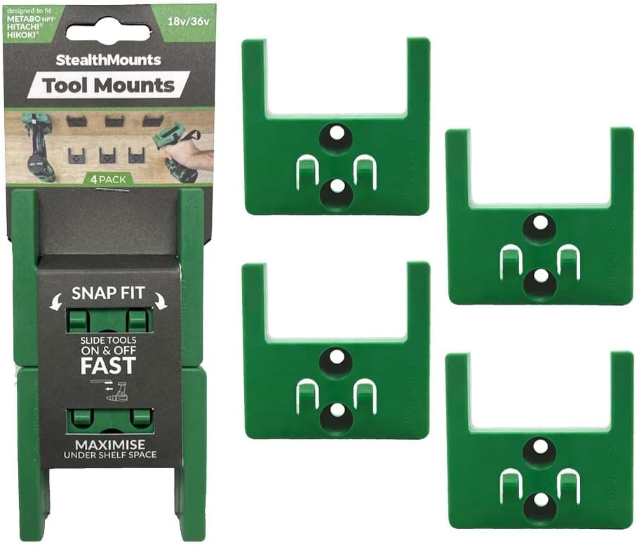 StealthMounts Tool Mounts for Hikoki/Metabo HPT/Hitachi 18v | Cordless Tool Holders for Hikoki/Metabo HPT/Hitachi 18v Power Tools | 4 Pack | Green Tool Organisers for Hikoki/Metabo HPT/Hitachi 18v