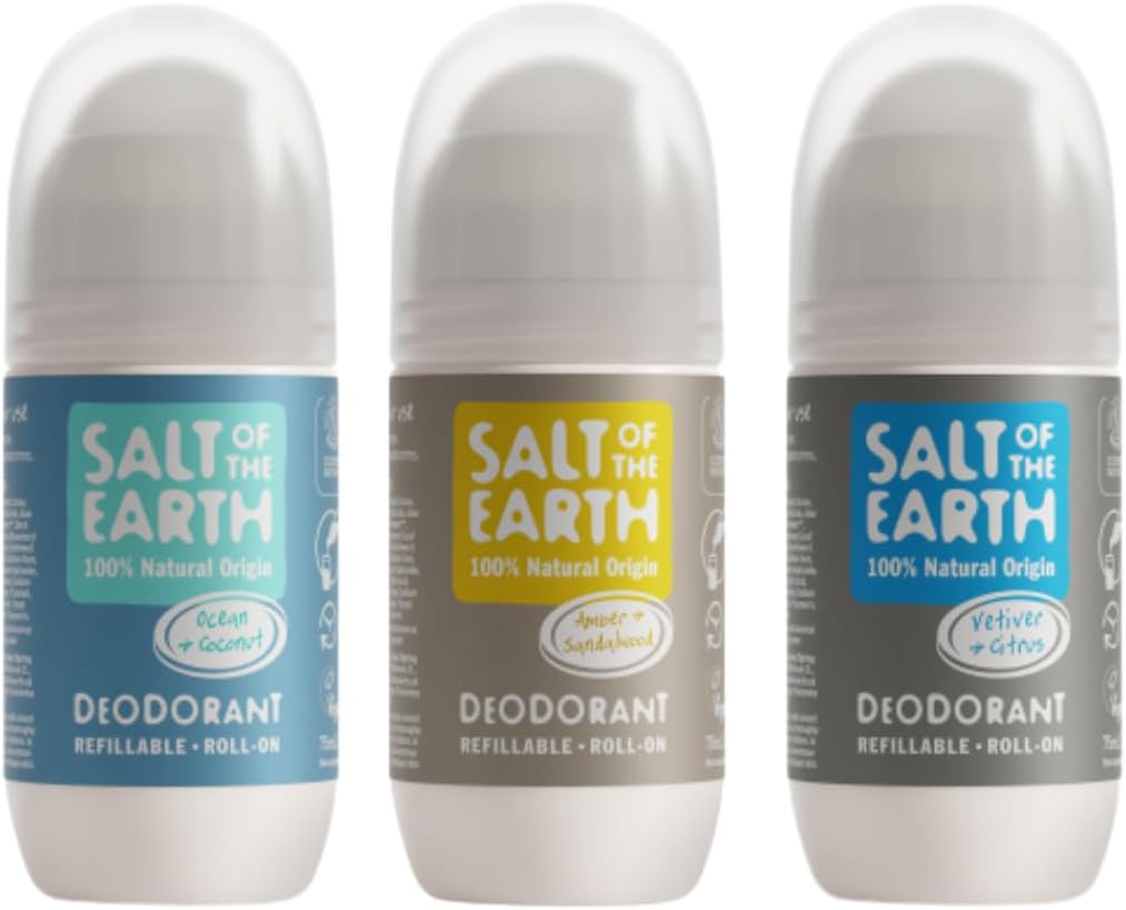 Salt of the Earth - Refillable Natural Deodorant Roll On, Masculine Scents Bundle (3 x 75ml) for Men, Women & Kids, Vegan, Cruelty Free, 100% Natural Ingredients
