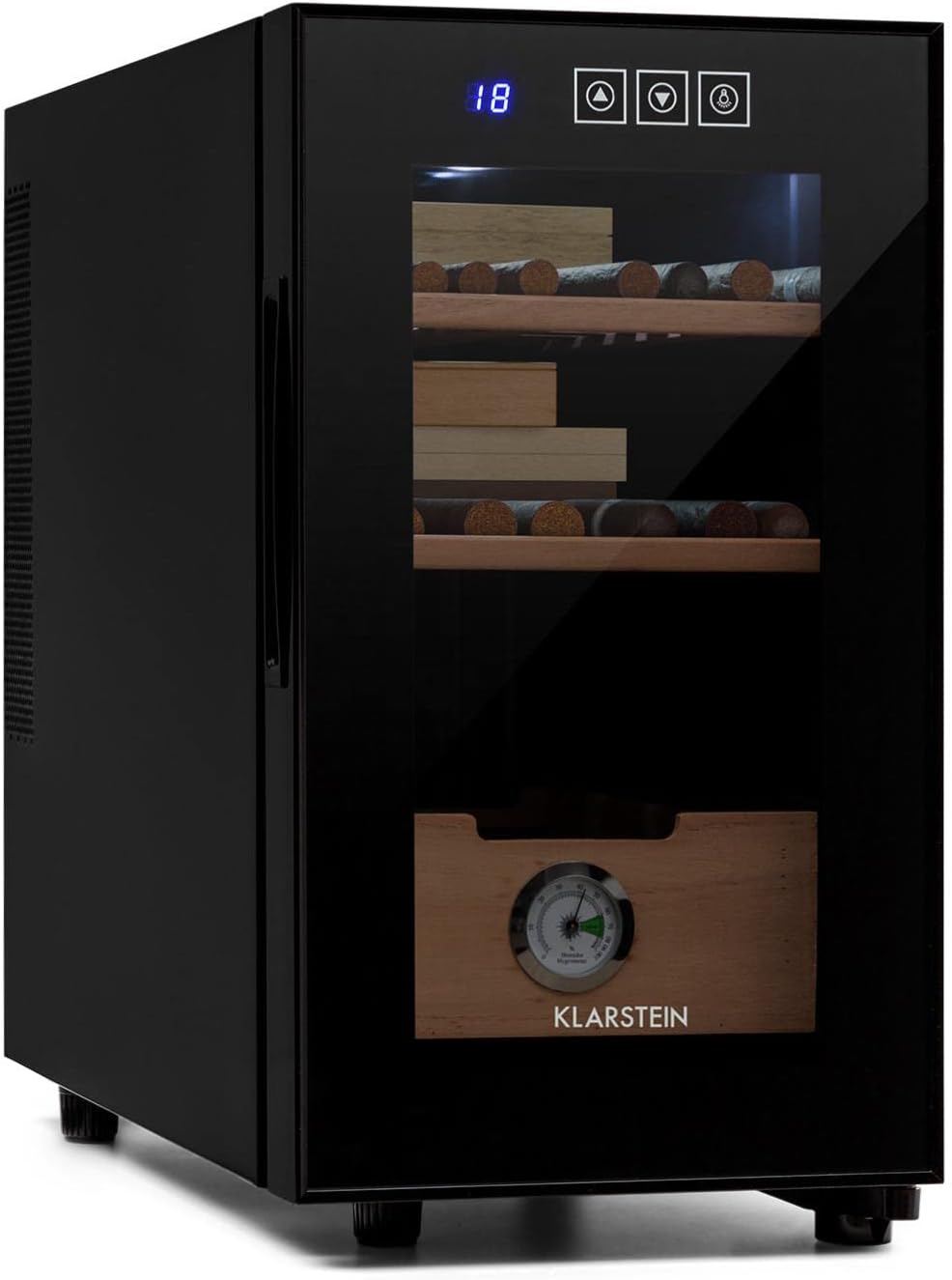 Klarstein El Presidente Cigar Humidor - thermoelectric humidor Cabinet with Glass Door, humidor humidifier with Cedar Wood Shelves, Hygrometer, LED Interior Light, Black, 23L