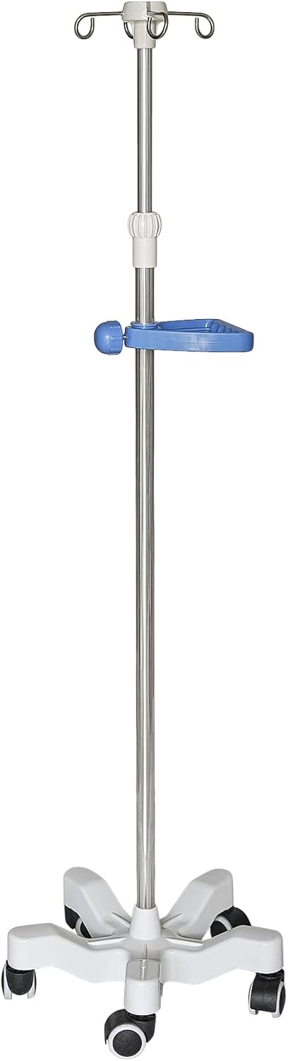 Morimoe IV Drip Stand for Hospital & Home Care, Stainless Steel, Adjustable Height, Removable Handle, 4 Hooks 5 Wheels, Easy Assemble