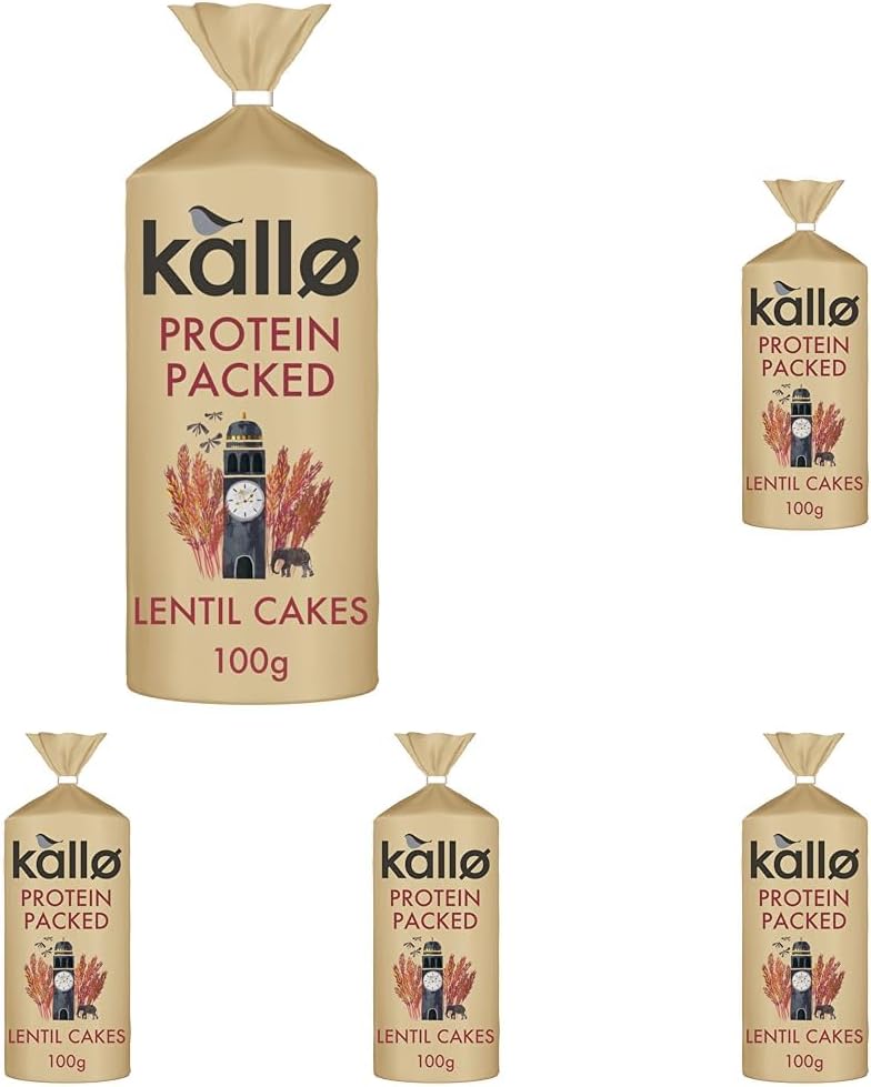 Kallo Protein Packed Lentil Cakes, Low Fat Healthy Snacks, Vegan & Coeliac Friendly, Gluten Free & Sugar Free with No Artificial Colours or Flavours, Single Pack – 1 x 100g (Pack of 5)