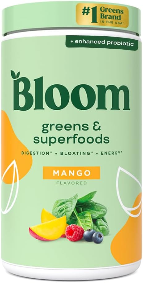 Bloom Nutrition Superfood Greens Powder, Mango, 60 Servings | Digestive Enzymes with Probiotics and Prebiotics, Gut Health, Bloating Relief for Women, Chlorella, Green Juice Mix