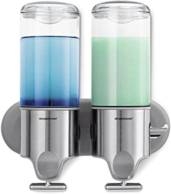 simplehuman BT1028 444ml Twin Wall Mounted Soap Dispenser Pump for Soap, Shampoo, Conditioner, Shower Gel, Suitable for Bathroom, Easy to Install, Rustproof, Brushed Stainless Steel