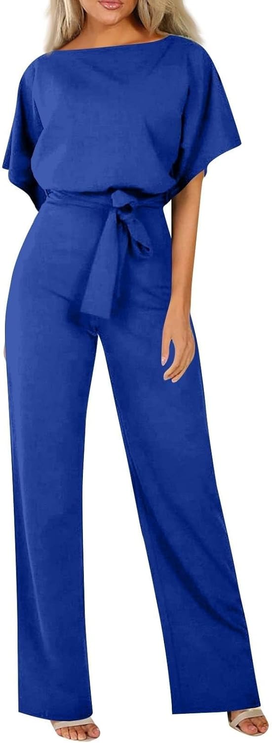 HOOUDO Jumpsuits for Women UK Elegant Summer Short Sleeve Playsuits Ladies Plain Casual Wide Leg Pant Belted Romper Formal Wedding Overalls Baggy One Piece Outfits Dungarees