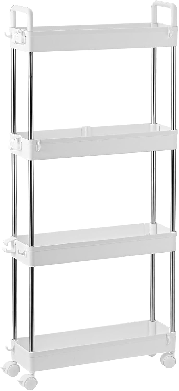 4-Tier Slim Storage Trolley Slide Out Rolling Utility Shelf Rack Storage Cart on Wheels Mobile Shelving Space Organizer for Kitchen/Bathroom/Laundry Room/Office,Plastic & Stainless Steel (White S)