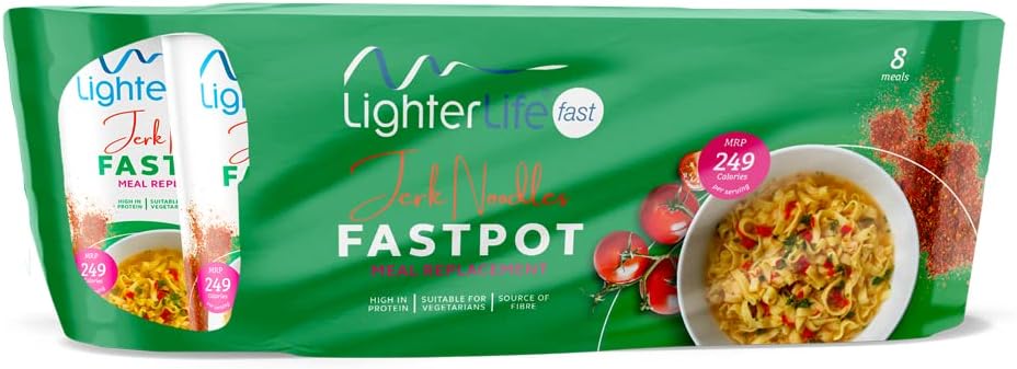 LighterLife Jerk Noodle FastPot, High Protein Meal Replacement with up to 33% of RDA Vitamins and Minerals, Tray of 8 x 65gram Servings