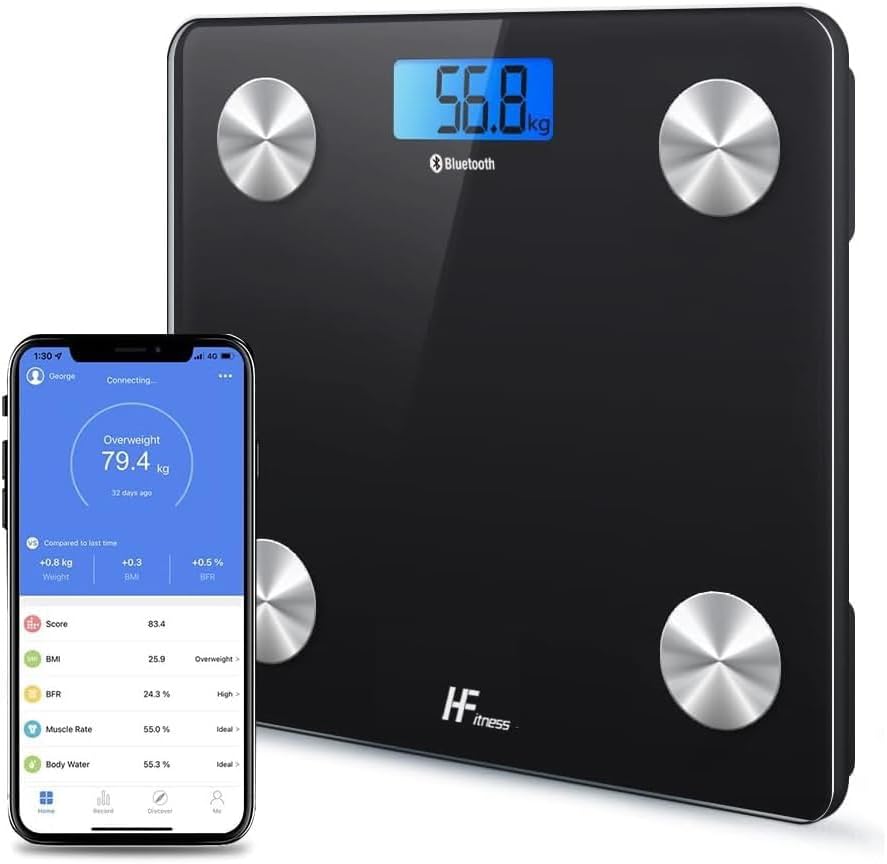 HomeFashion HFitness 19x Body Composition Indices 28x28cm Platform Smart Scale Bathroom Scales for Body Weight Body Fat Monitor BMI Muscle Mass Bone iOS Android App Bluetooth Wireless